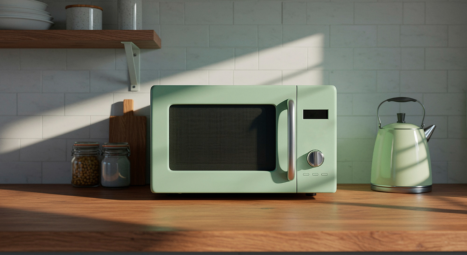 A microwave on a kitchen counter beside a kettle, both appliances ready for use in food preparation